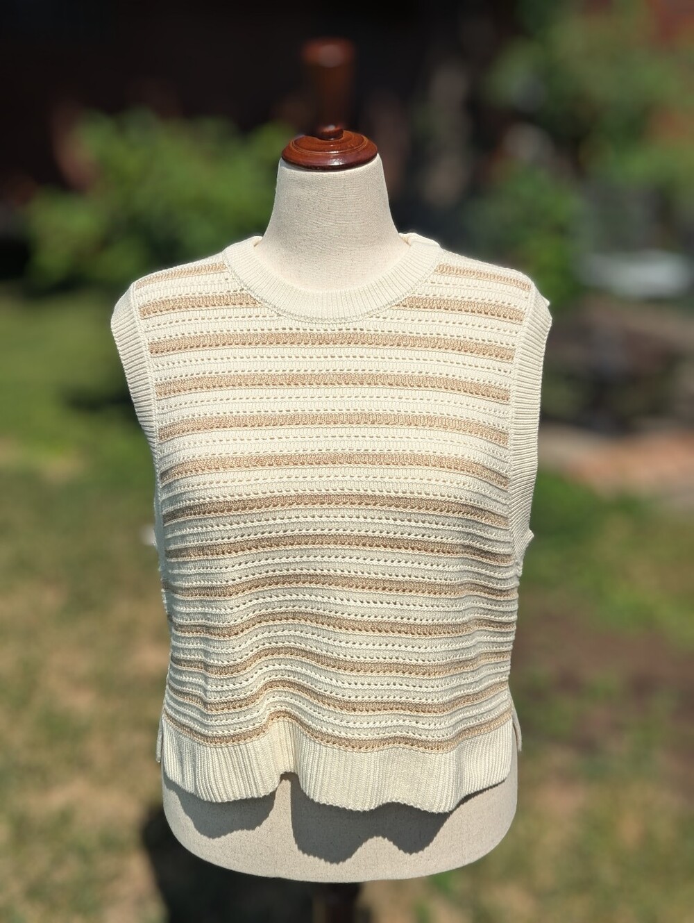 French Connection Cream Openwork Knit Vest with Metallic Thread